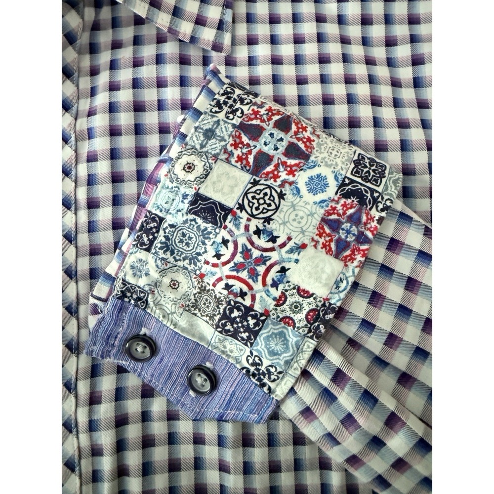ROBERT GRAHAM‎ Mens Shirt L Button Purple Blue Check Flip Cuff Preppy Hamptons